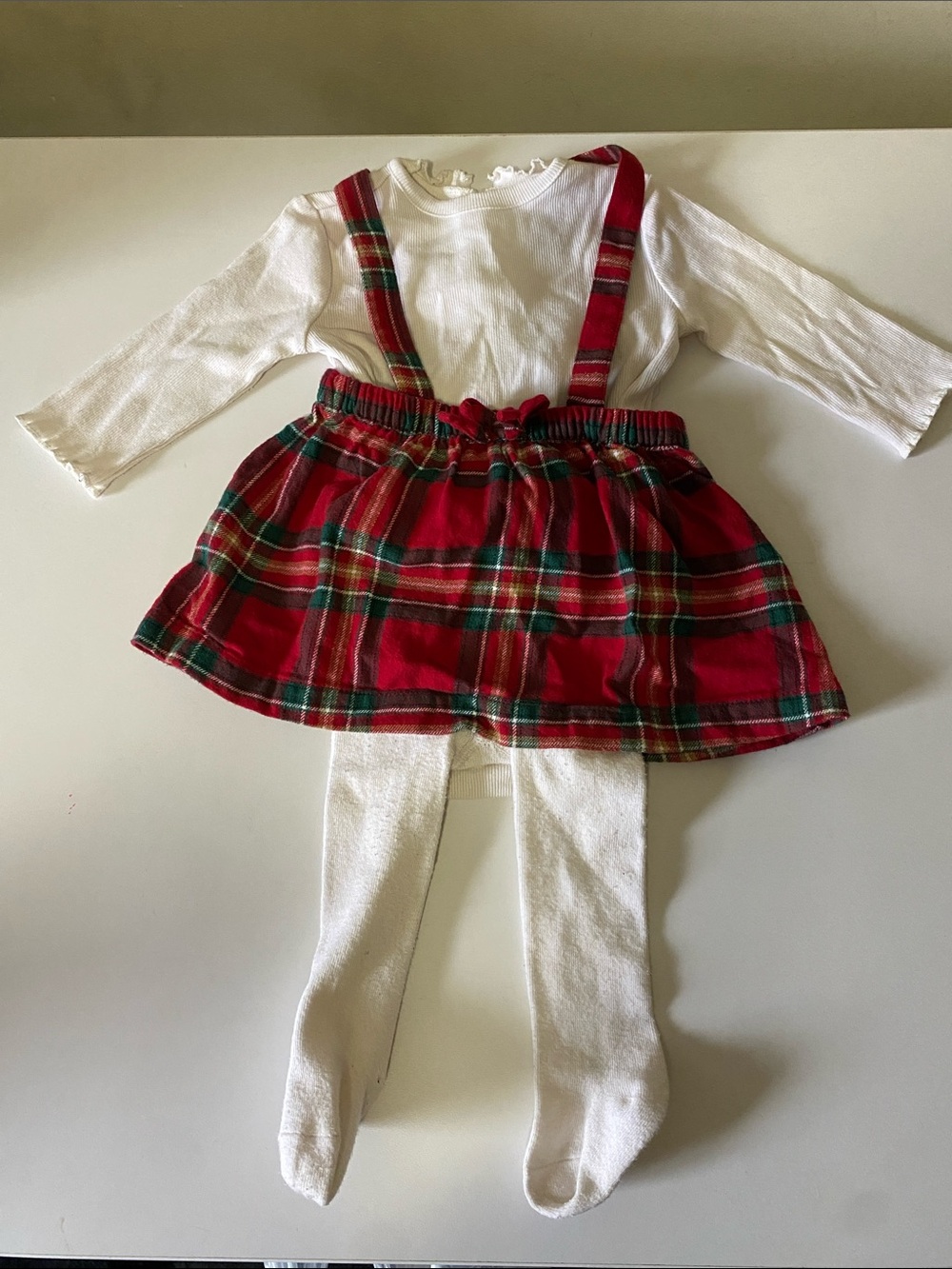 Carter's Red Plaid Suspender Skirt Set with White Top and Tights